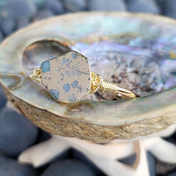 Ocean Jasper Wire Wrap Cuff – 14Kt Gold Over Copper – Emotional Flow Talisman - Picture 1 of 5